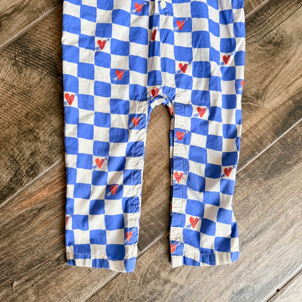 Hanna Andersson Toddler Checkered Heart Coveralls Romper, Blue White Red, 3T - Picture 4 of 9